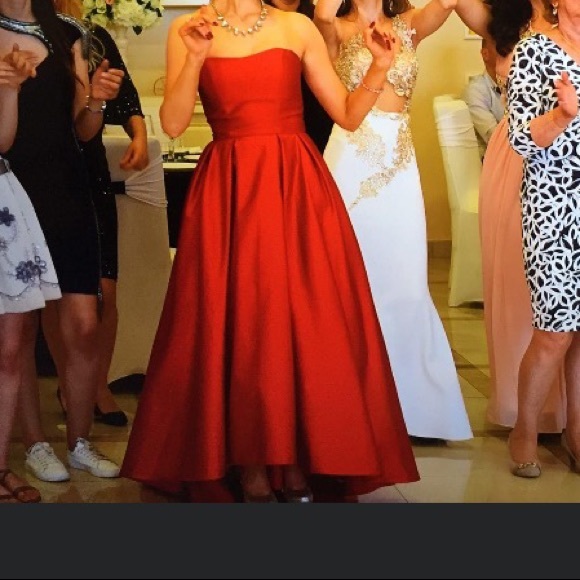 Strapless High-Low Satin Ball Gown Red Mikado - Picture 2 of 5